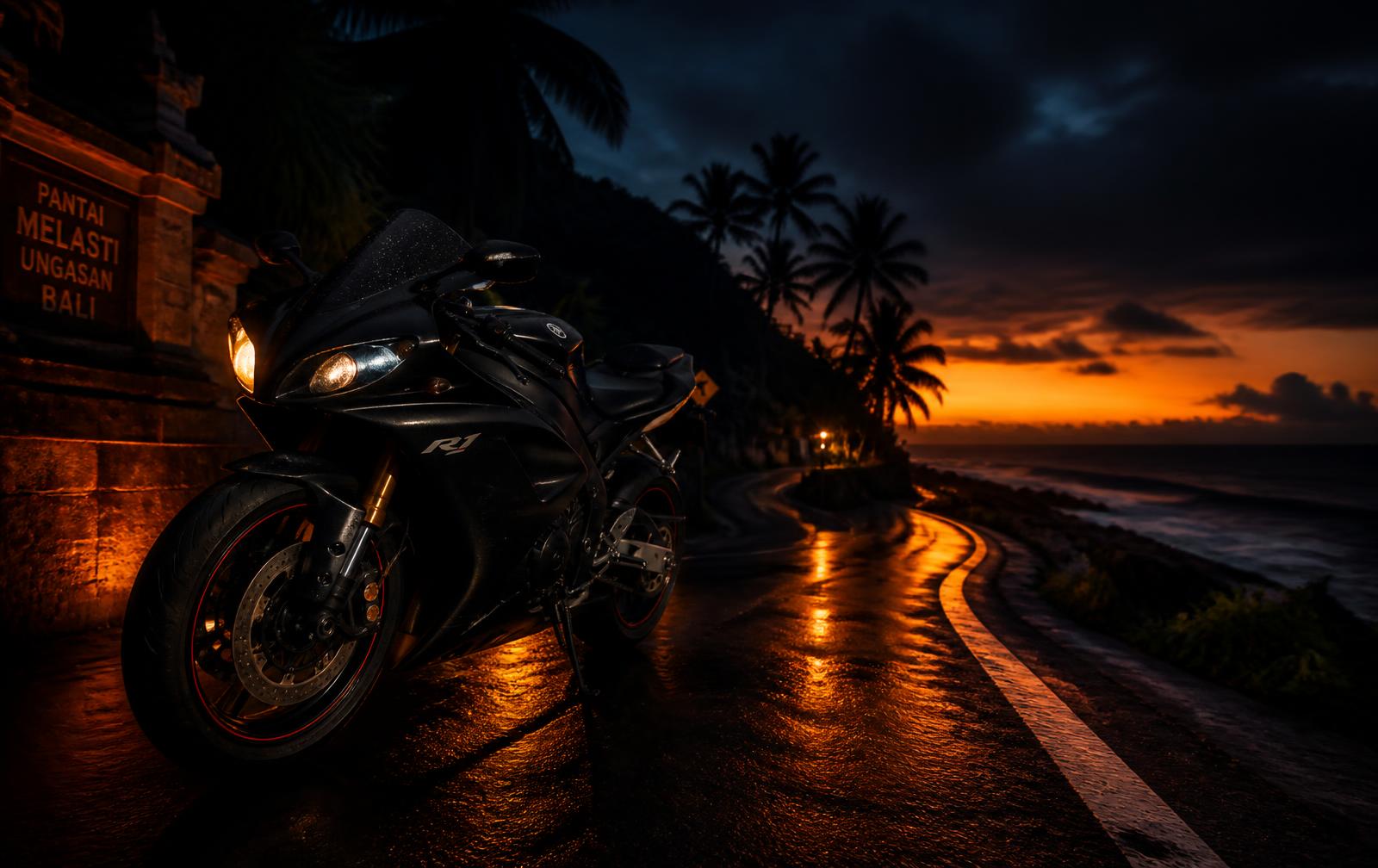Motor sport terparkir di jalan pesisir Bali saat senja